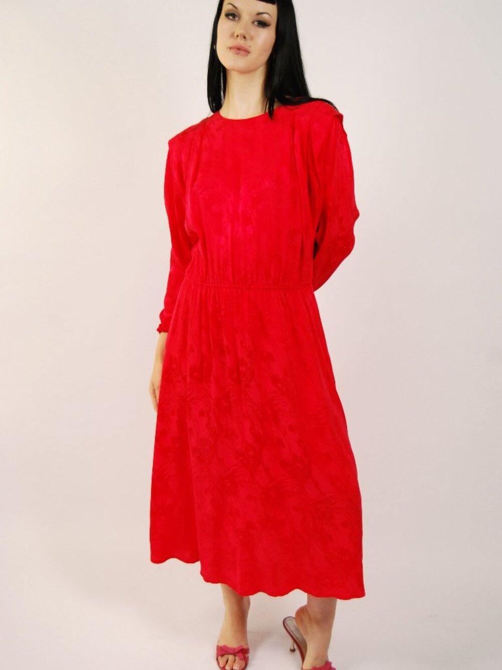 80s Blouson Dress (L) large red vintage midi silks by Nilani candy apple chic